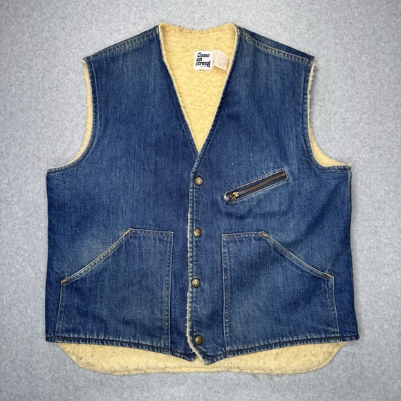 VTG Come On Strong Vest Mens Large Blue Sherpa Lined Denim Union Made in USA - Picture 1 of 9